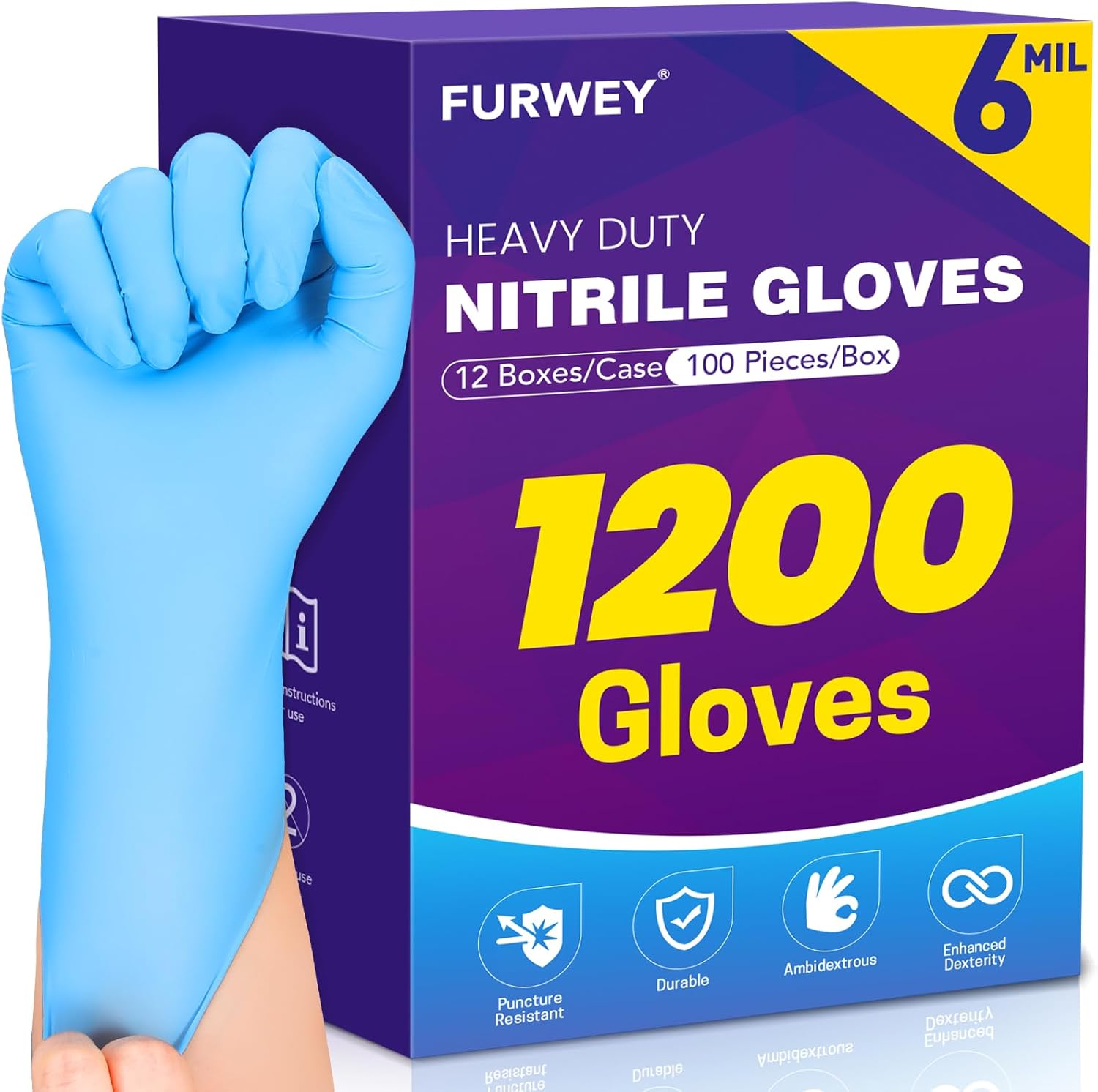 Heavy Duty Disposable Nitrile Gloves 6Mil-1200 Count,Latex Free,Powder Free for Cleaning Cooking Food Prep and Medical