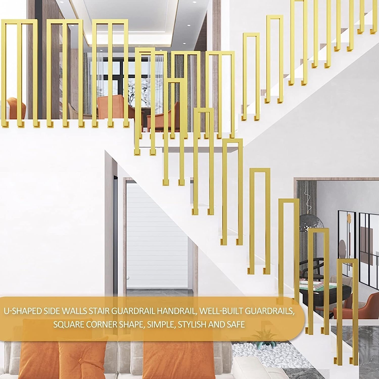 U-Shaped Shaped Staircase Handrail, Modern Decor Transitional Handrails, Indoor Outdoor Banister Safety Non-Slip Steps Stair Square Guardrail, for Indoor Stairs Handrail Picket for Exterior Steps ( Co