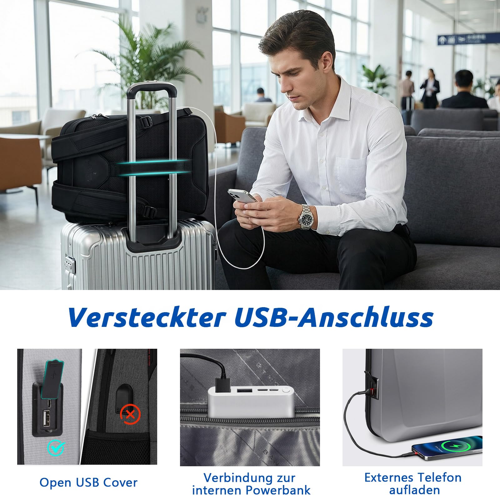 VARLIVOO Herren Rucksack mit USB Port 15.6 Zoll Laptop Passwort Schulrucksack Student College Universität Arbeit Reisen Pendeln Anti-Diebstahl Wasserdicht Polyester Silber