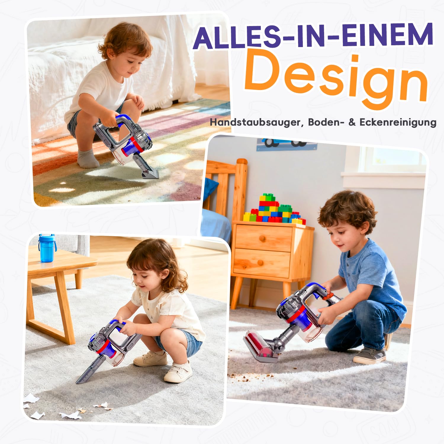 VARANO 3-in-1 Kinderstaubsauger mit echter Saugfunktion – Kinder Staubsauger mit Saugleistung, realistisches Rollenspiel & Montessori Lernspielzeug für Jungen & Mädchen ab 3 Jahren (Rot/Violett)