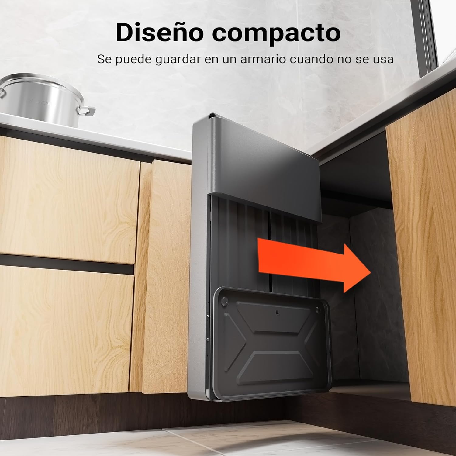 Image showing the Wiltec Portable Gas Heater being stored compactly in a cabinet, with an arrow indicating its folding mechanism.
