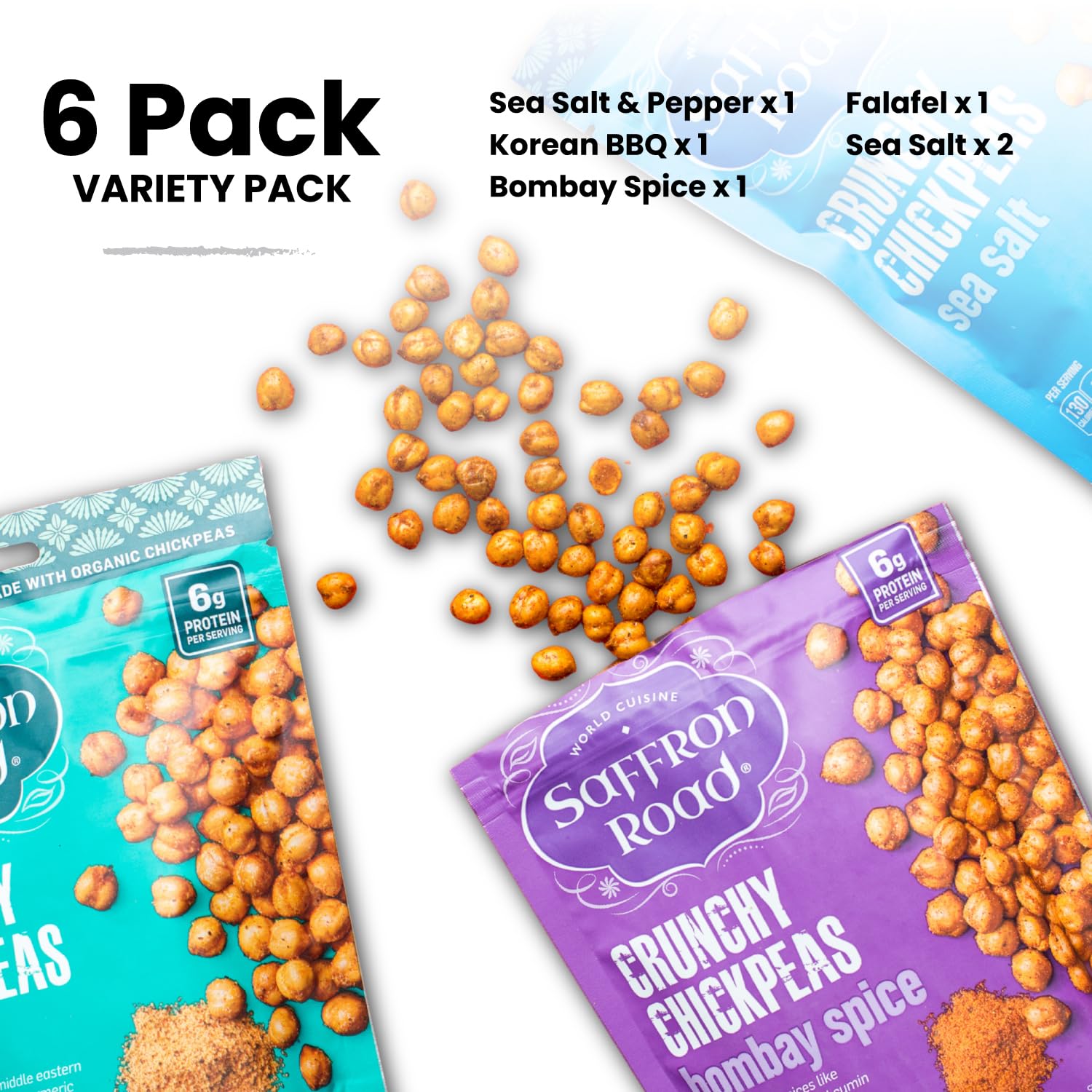 Saffron Road Crunchy Chickpeas Variety Pack with Bombay Spice, Korean BBQ, Falafel, Sea Salt & Cracked Pepper | High-Protein, Vegetarian, Non-GMO, Halal & Kosher Certified Snack | Pack of 6