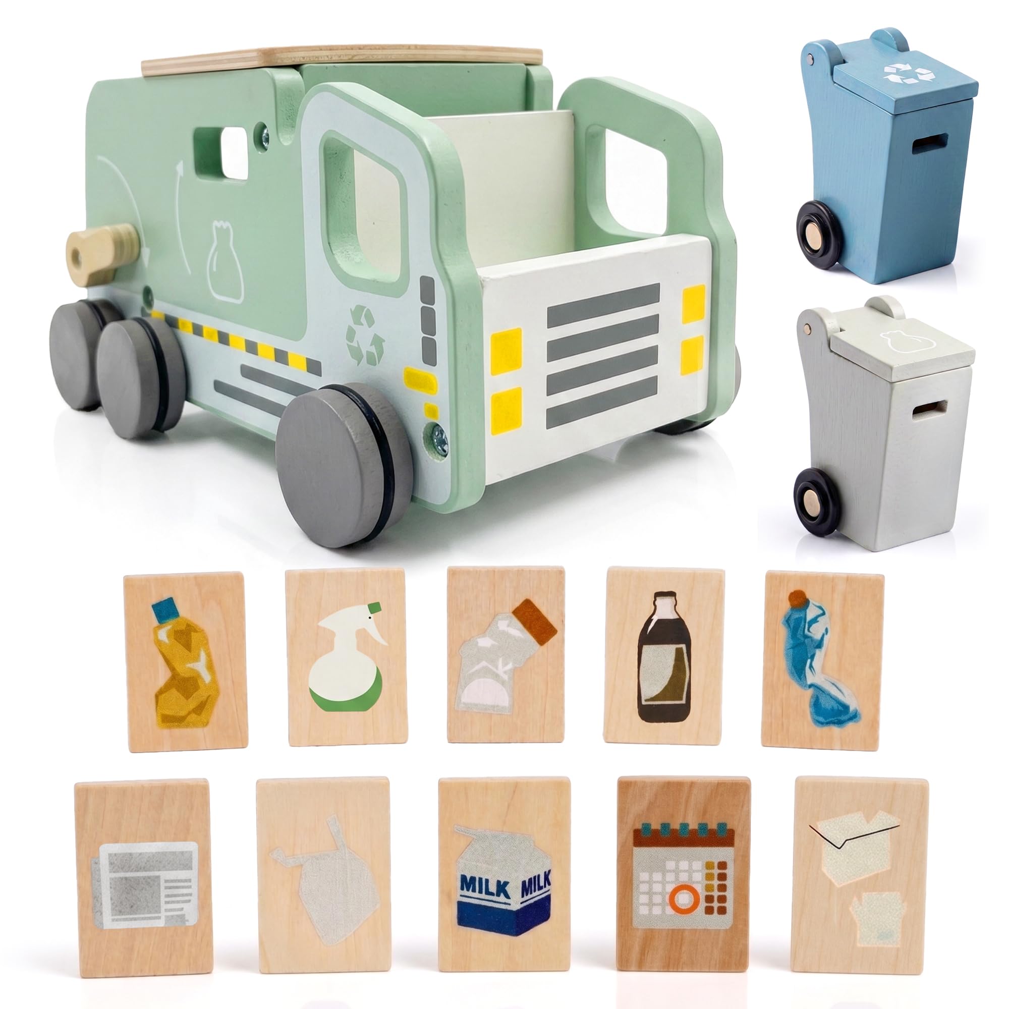 Montessori Müllauto Holz ab 3 Jahren – Müllwagen Lernspielzeug – Müllabfuhr Set mit Mülltonnen & Karten zur Mülltrennung – Motorikspielzeug & Geschenk für Junge & Mädchen 3 4 5 Jahre