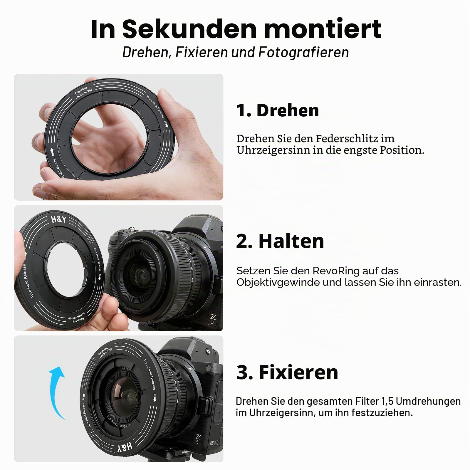 H&Y RevoRing Verstellbarer Step-Up-Ring 52–72 mm auf 77 mm, Variabler Objektivfilter-Adapterring, universelles Step-Up-System passend für 52, 55, 58, 62, 67 und 72 mm, Schwarz