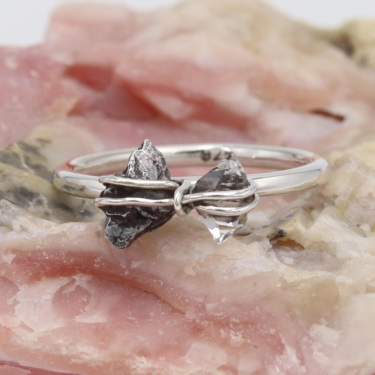 Meteorite & Herkimer Diamond Ring – Raw Rough Stone Double Gemstone Ring – 925 Sterling Silver Women’s Statement Ring – Handmade Raw Crystal Jewelry
