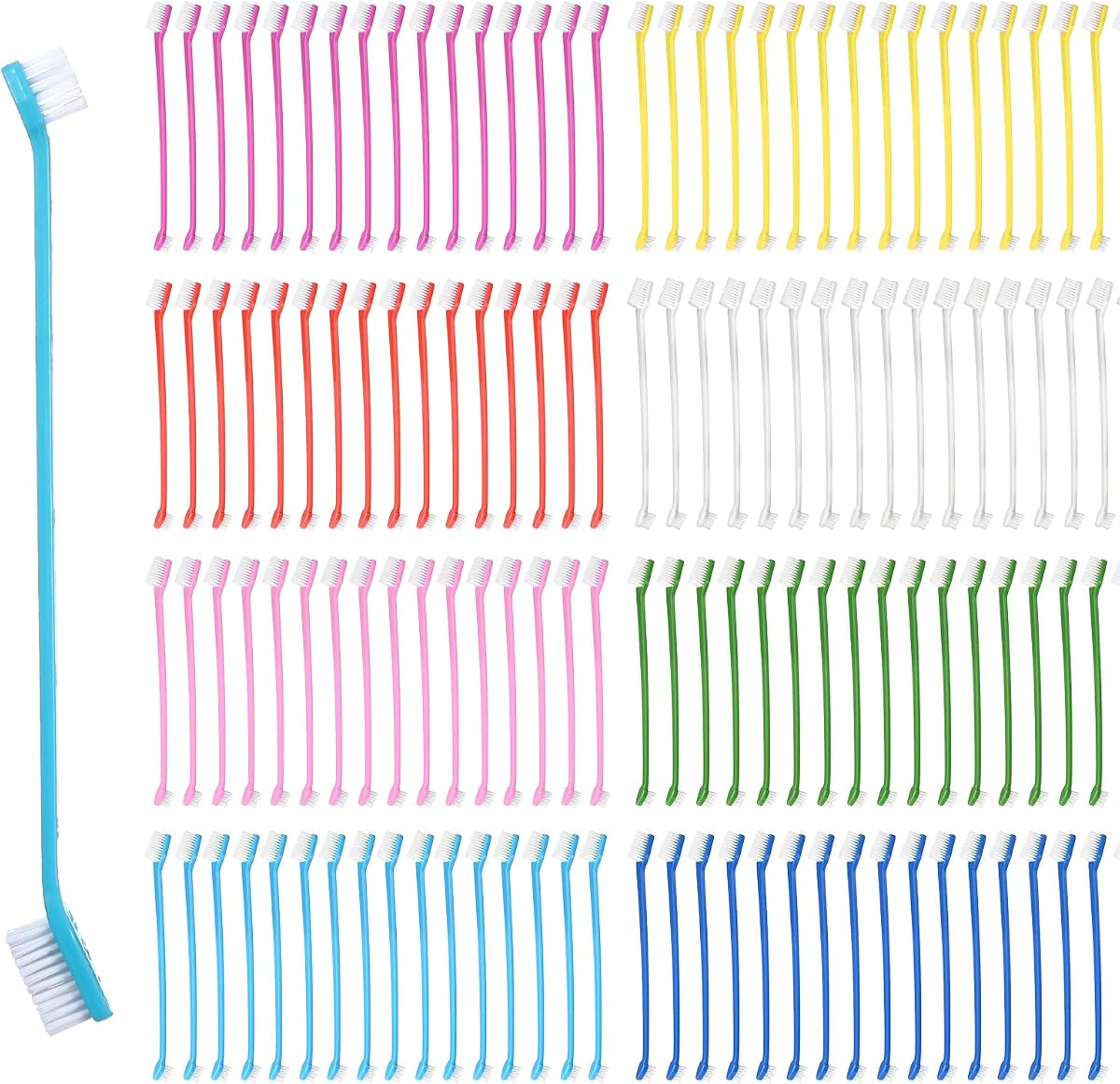 200 cepillos de dientes para perros, cepillo de dientes de doble cabeza para perros a granel, cepillo de dientes de plástico de mango largo para perros grandes, pequeños, gatos, cachorros, limpieza de dientes, suministros de cuidado dental, 8 colores