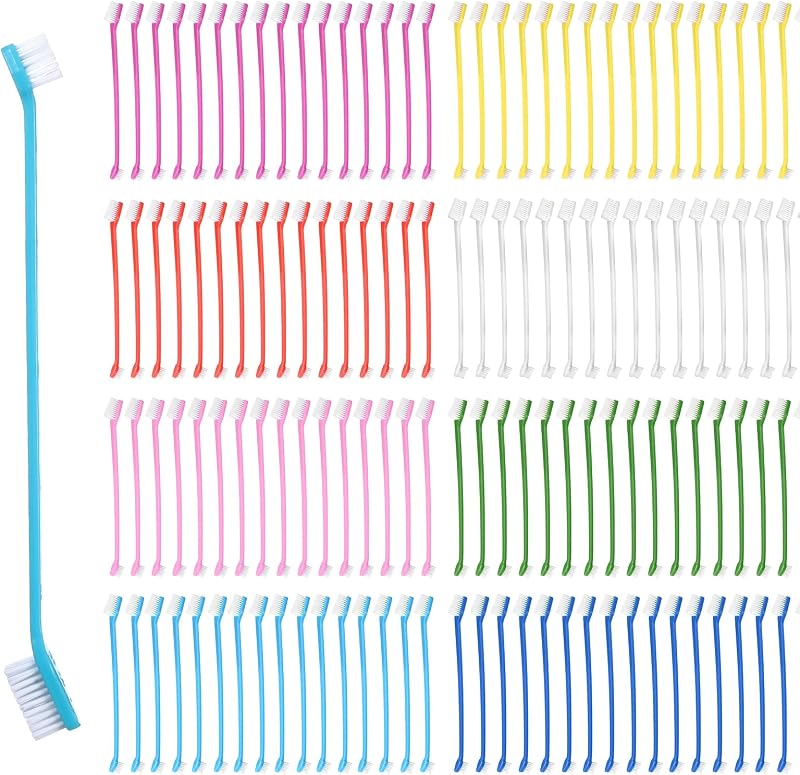 200 cepillos de dientes para perros, cepillo de dientes de doble cabeza para perros a granel, cepillo de dientes de plástico de mango largo para perros grandes, pequeños, gatos, cachorros, limpieza de dientes, suministros de cuidado dental, 8 colores