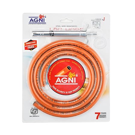 AGNI LPG HOSE BLISTER COMBO PACK ISI CERTIFIED |100% STEEL WIRE REINFORCED WITH FREE KITCHEN LIGHTER HOSE PIPE 1.5 METER (7 YEAR WARRANTY)