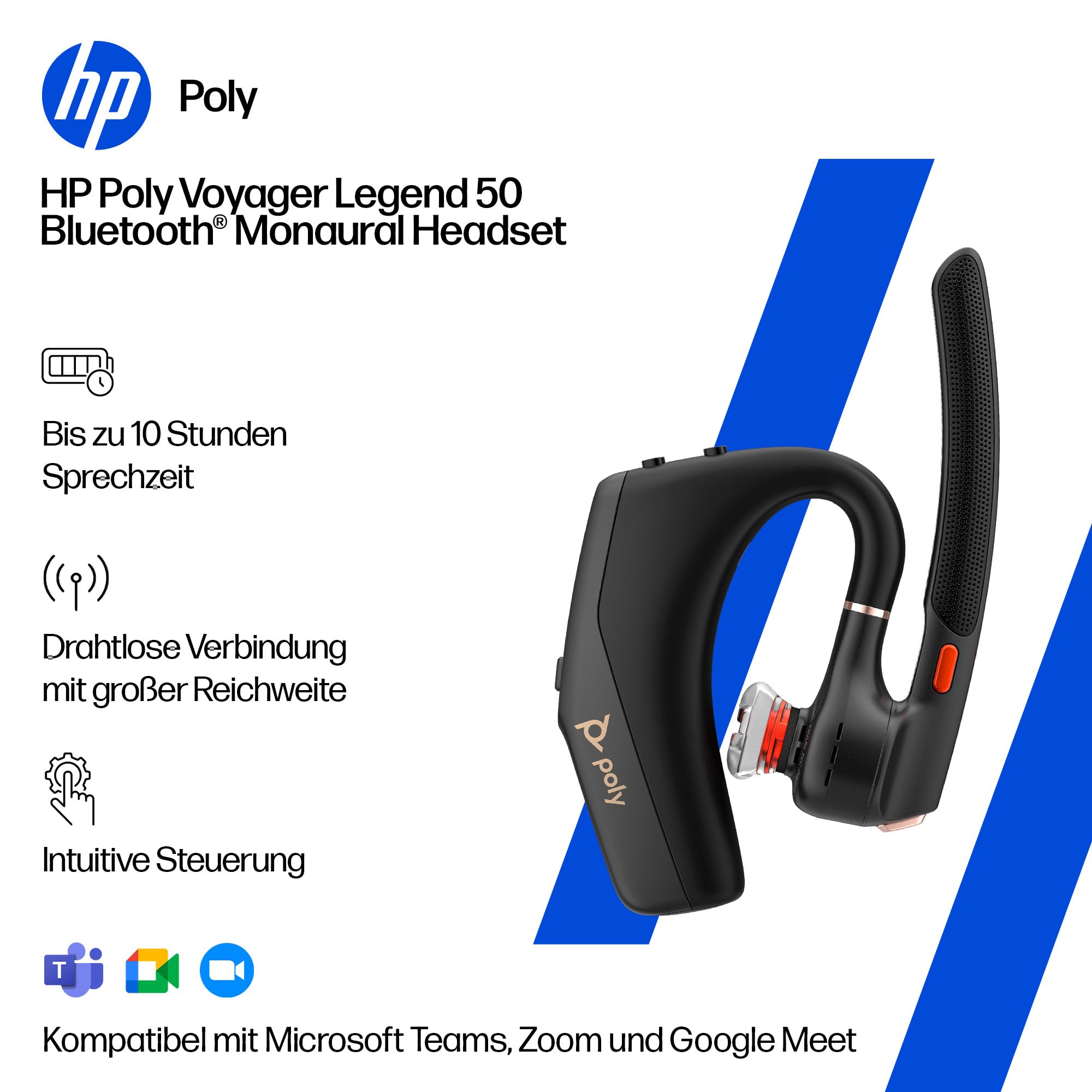 Poly Voyager Legend 50-M UC Bluetooth-Headset NoiseBlockAI WindSmart Smart-Sensor 10 Stunden Akkulaufzeit Geräuschunterdrückung Ladeetui Schwarz