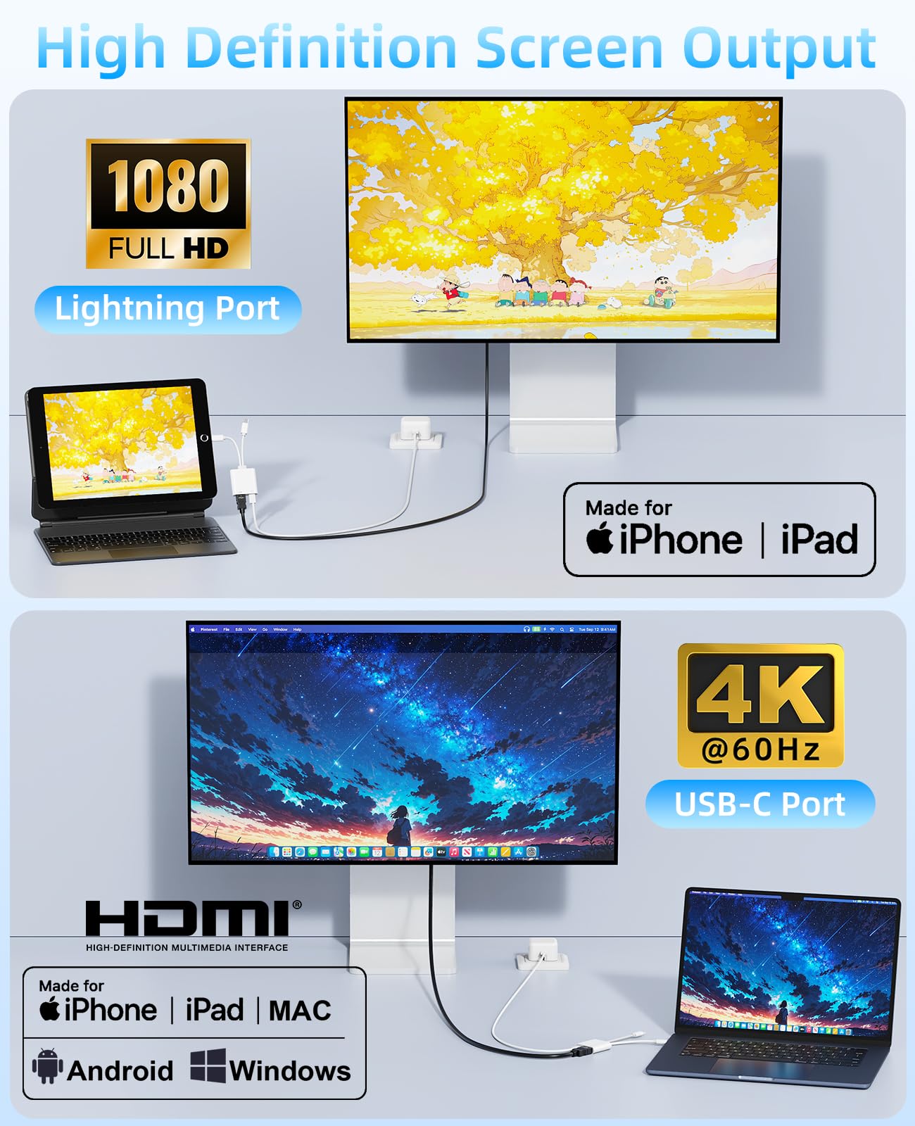 [MFi-zertifiziert] USB-C & Lightning auf HDMI Adapter für iPhone 17/16/15 auf TV/Projektor, 4K @ 60Hz Digital AV Konverter, iPad zu TV Adapter, Apple Lightning auf HDMI für iPad/MacBook/Samsung, 60W