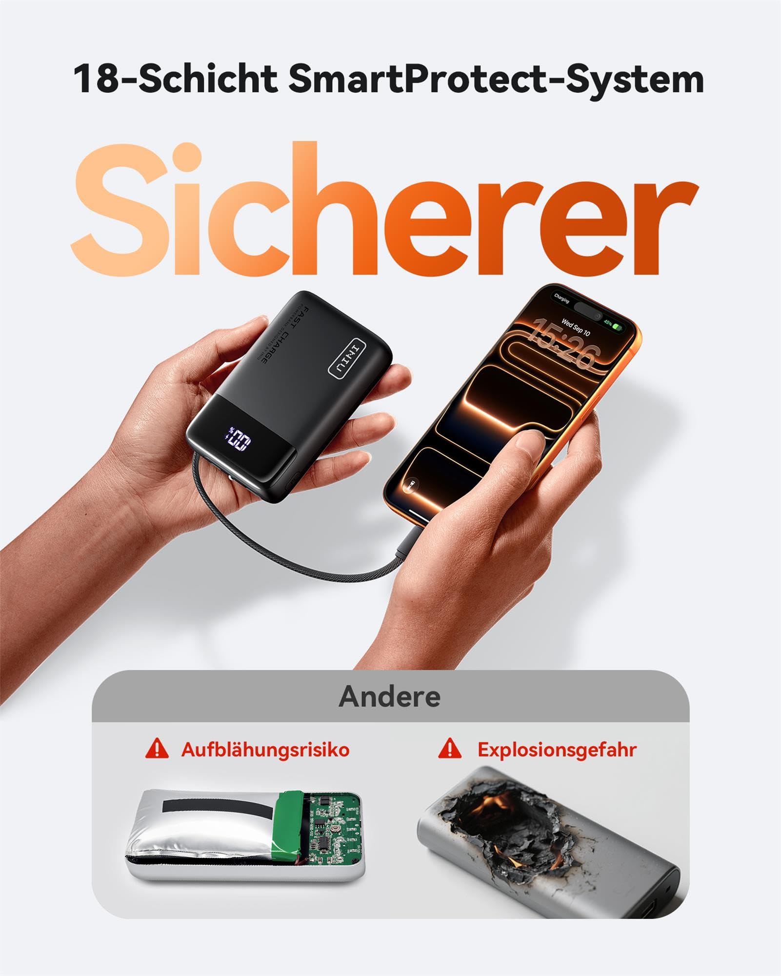 INIU 45W Power Bank, Ultra Klein 20000mAh Powerbank mit Integriertem USB C Kabel, Schnellladen Externe Handyakkus, Flugzeug Geeignet, Reise-Essential für iPhone 17 16 15, Samsung S22, Xiaomi, iPad etc