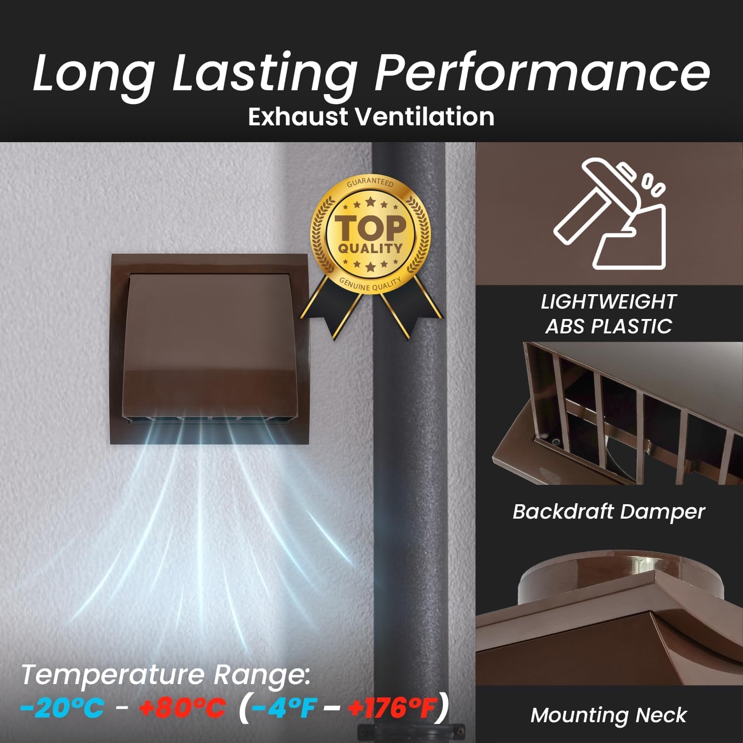 Repa Market Capucha de ventilación marrón de 150 mm para secadora, cubierta de conducto para paredes, cubierta de protección de plástico ABS con cubierta de lluvia y amortiguador de corrientes