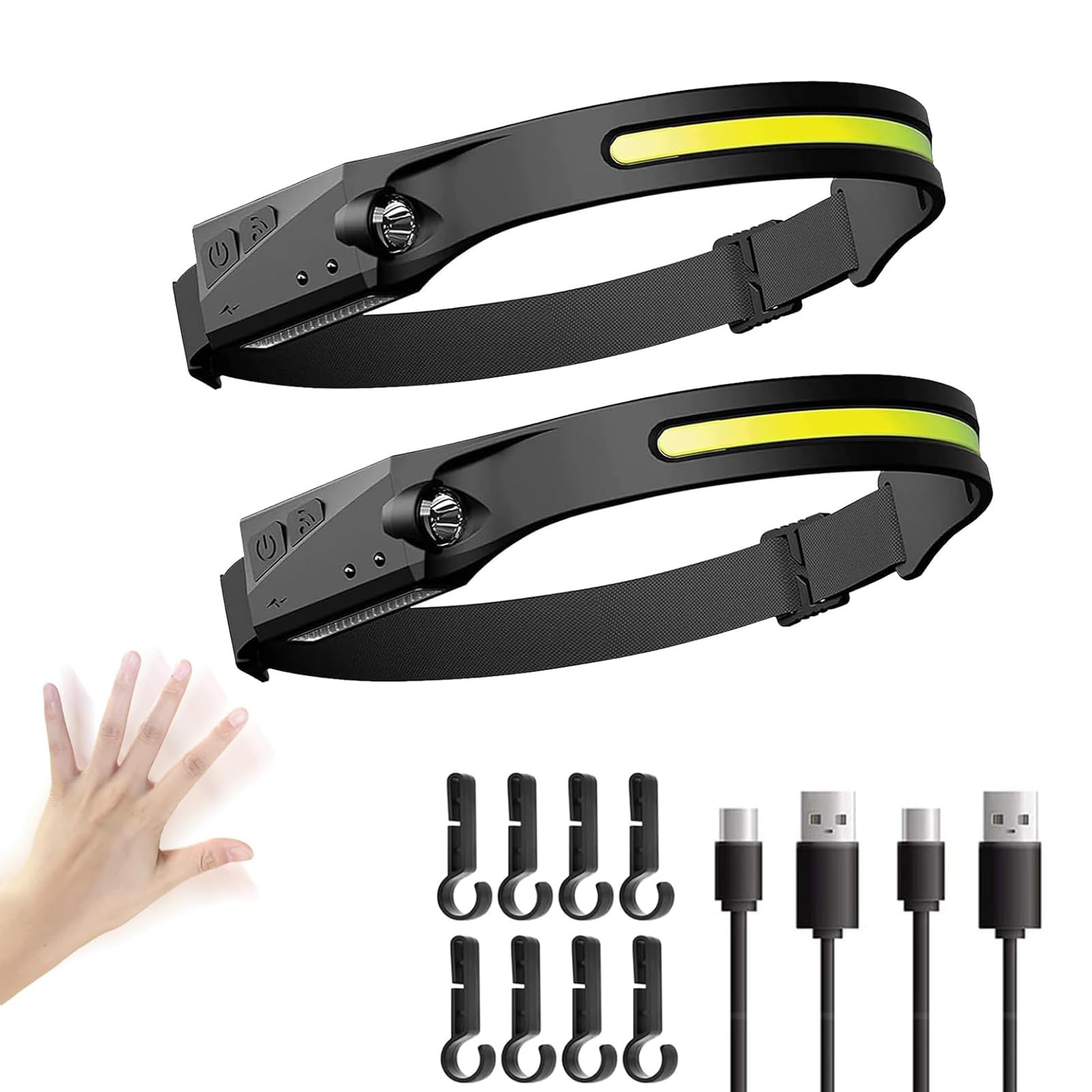 2pcs Head Torch Rechargeable, LED Headtorch, Super Bright 230° Wide Beam with Motion Sensor, Waterproof Lightweight Headlamp for Camping Running Fishing with 8 Clips-image-20