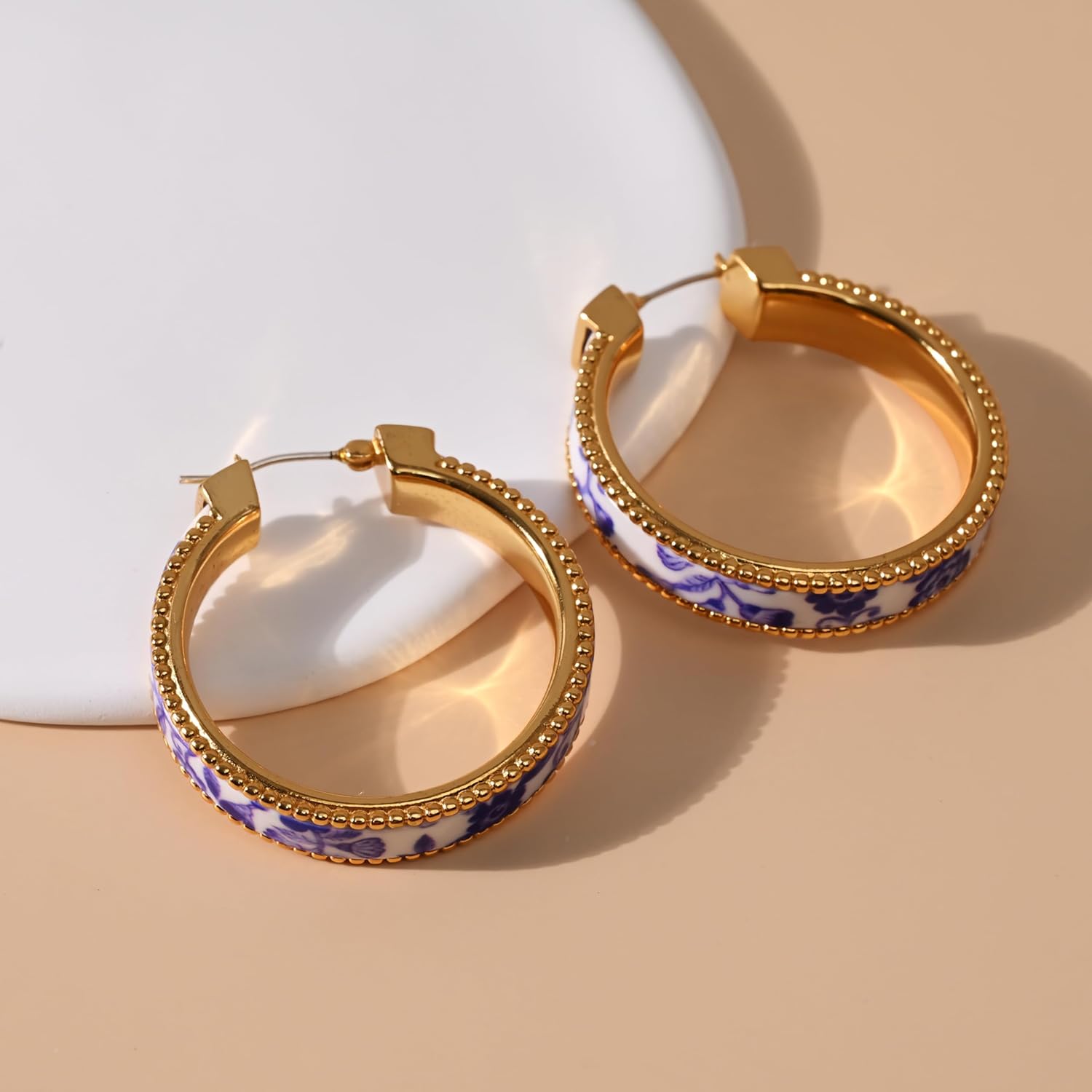 Chunky Blue and White Porcelain Hoop Earrings for Women – Hand-Painted Statement Earrings with 18K Gold, Artistic Vintage Jewelry, Luxury Gift (Cerulean) - Image 4