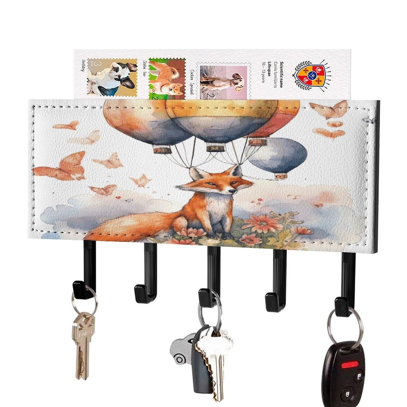 FekiLoot Fox and Hot Air Balloon Key Holder Wall Mount Key and Mail Holder Key Hanger with 5 Hooks Decorative PU Key Rack Hanging Key Hooks for Wall Living Room Kitchen Bathroom Hallway Black-Style