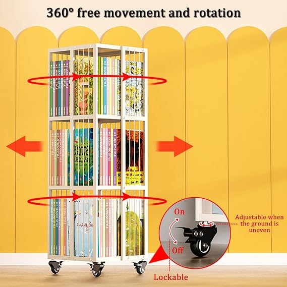 YVYKFZD Rotating Bookshelf, Rolling Bookcase Tower, Metal Display Storage Rack, 360 Corner Book Shelf Organizer with Wheels, for Small Space, Study, Office(4 Tier 13.7x13.7x54.7)