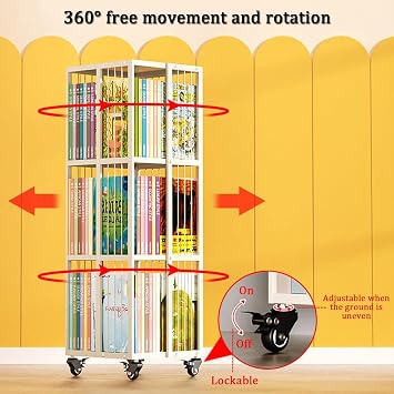 YVYKFZD Rotating Bookshelf, Rolling Bookcase Tower, Metal Display Storage Rack, 360 Corner Book Shelf Organizer with Wheels, for Small Space, Study, Office(4 Tier 13.7x13.7x54.7)