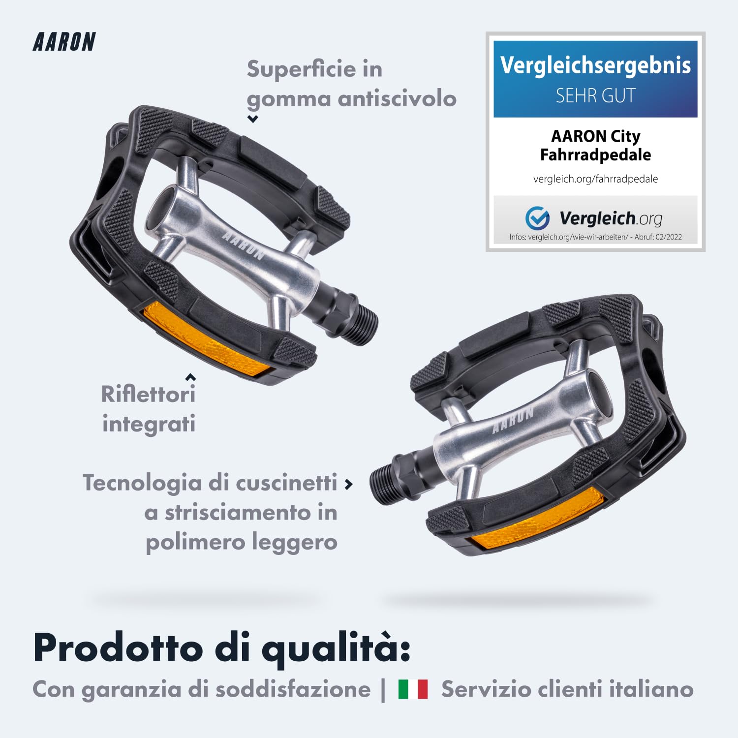 AARON City Pedali da bicicletta con impugnatura in gomma antiscivolo e cuscinetto a sfera industriale sigillato, pedali da trekking con riflettori per e-bike, trekking, City Bike, Argento/Nero