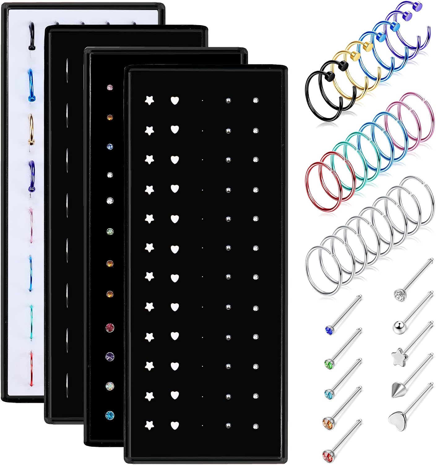 FIBO STEEL 200 Pcs Nose Ring Studs Set for Women Men 316L Stainless Steel Nose Hoops L Shaped Screw Bone Nose Studs Ring Nose Piercing Jewelry 20G 22G 1.5mm 2mm 2.5mm