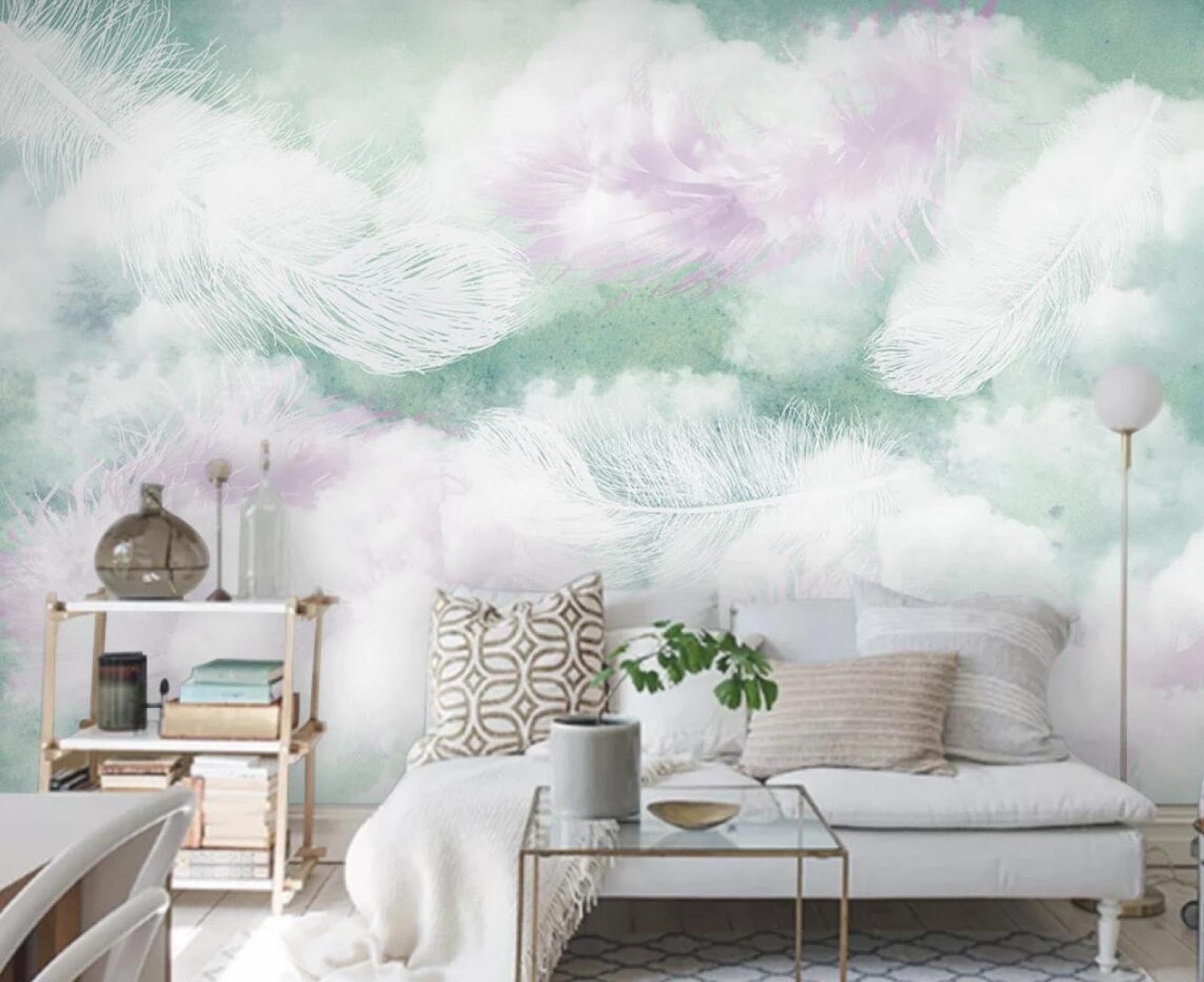 Papier peint panoramique plume aquarelle blanche 350x250cm salon ZX21102