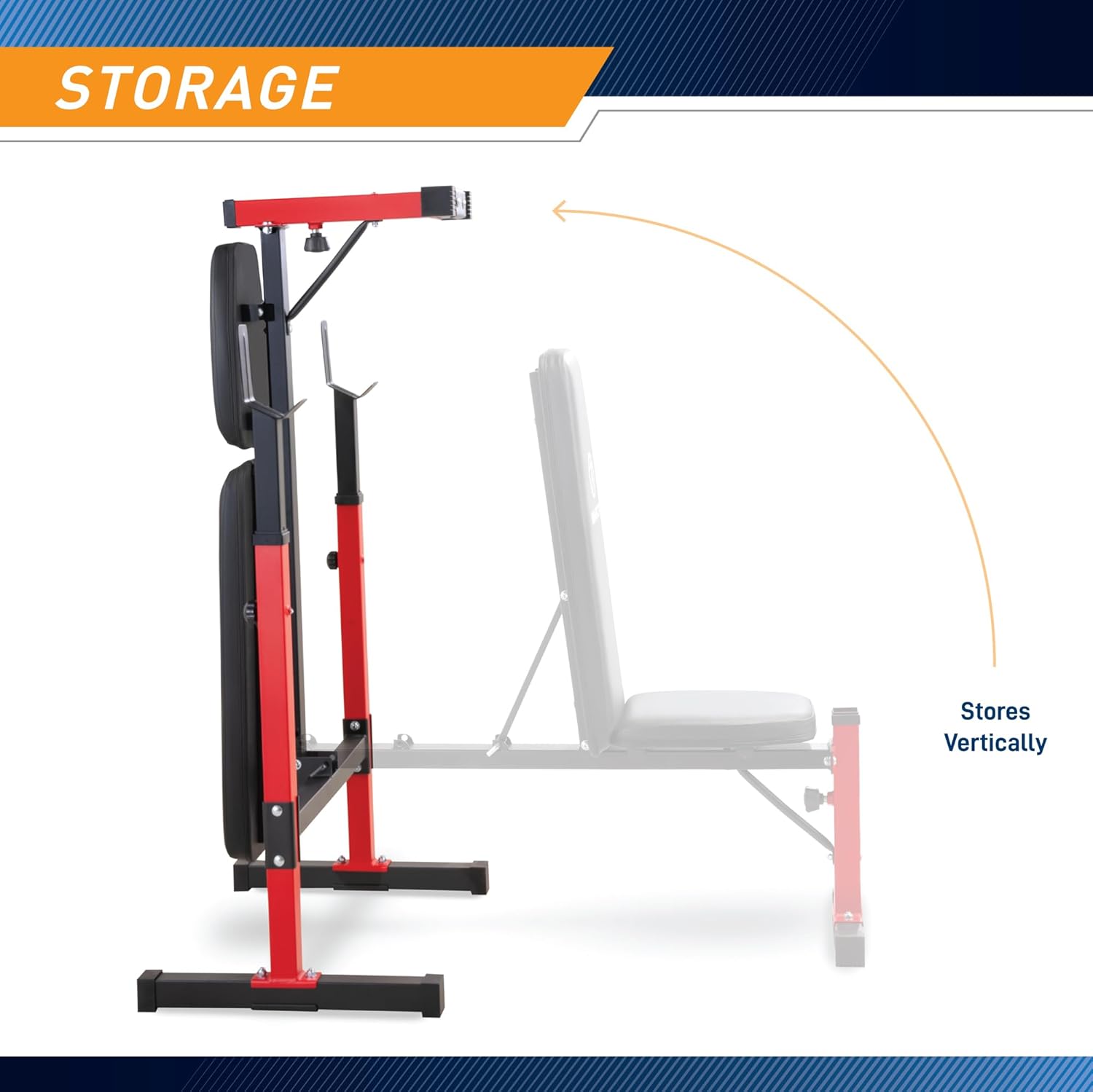 Diagram showing the Marcy weight bench folding vertically for storage.