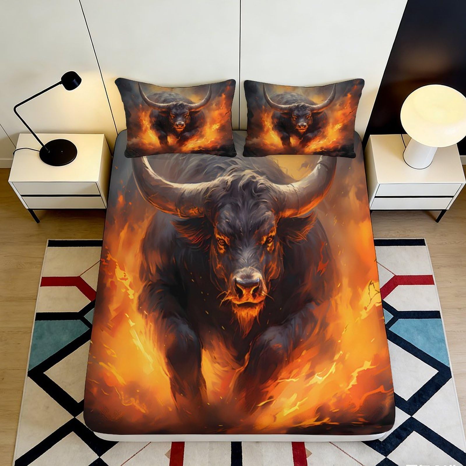3D Printed Fire Bull Fitted Sheet Microfiber Anti-Slip Orange Flame Mattress Cover for Bedroom Guest Room Easy Care 90x200x25cm