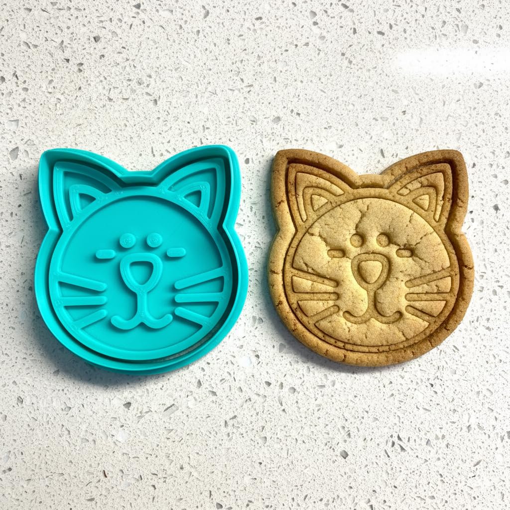 Kedi Şeklinde Kurabiye Kalıbı ve Damga Seti, Turkuaz, Çok Amaçlı Silikon, Şeker Hamuru ve Hamur Şekillendirici, Kedi Temalı Pasta Dekorasyon Malzemesi (8 cm)