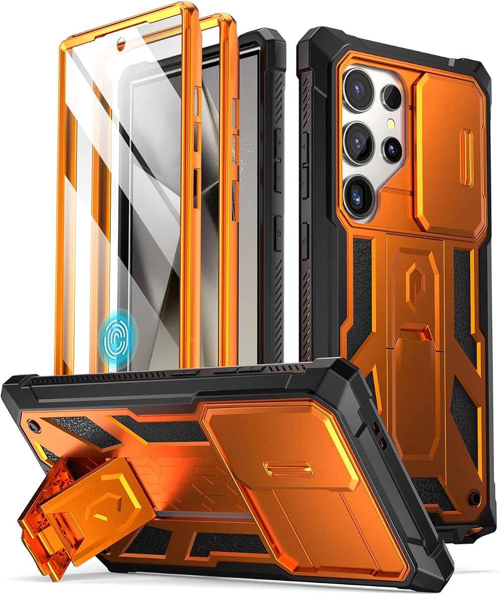 Poetic Spartan Case for Galaxy S24 Ultra 6.8", [Slide Camera Cover] [Screen Protector Works with Fingerprint ID] Military Grade Rugged Shockproof S24 Ultra Phone Case with Kickstand, Metallic Orange