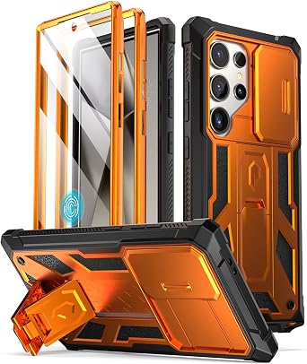 Poetic Spartan Case for Galaxy S24 Ultra 6.8", [Slide Camera Cover] [Screen Protector Works with Fingerprint ID] Military Grade Rugged Shockproof S24 Ultra Phone Case with Kickstand, Metallic Orange