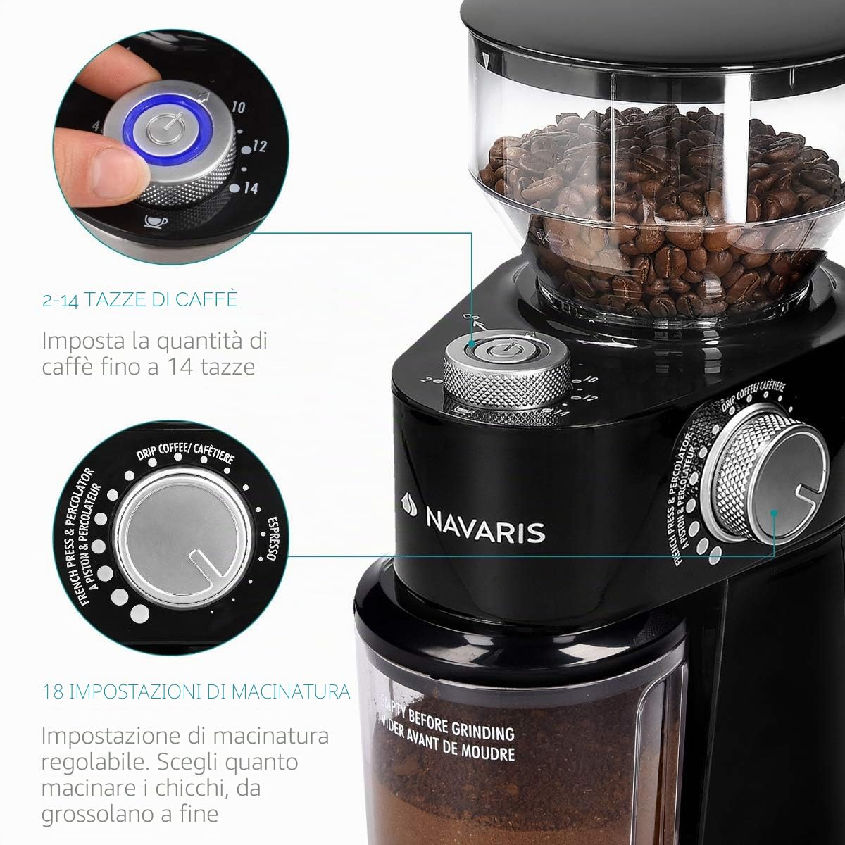 Navaris Macinacaffè Elettrico - Macina Caffè Regolabile 200 W - Macinino Trita Chicchi 250 g - Coffee Grinder per Macchinetta del Caffè - Nero