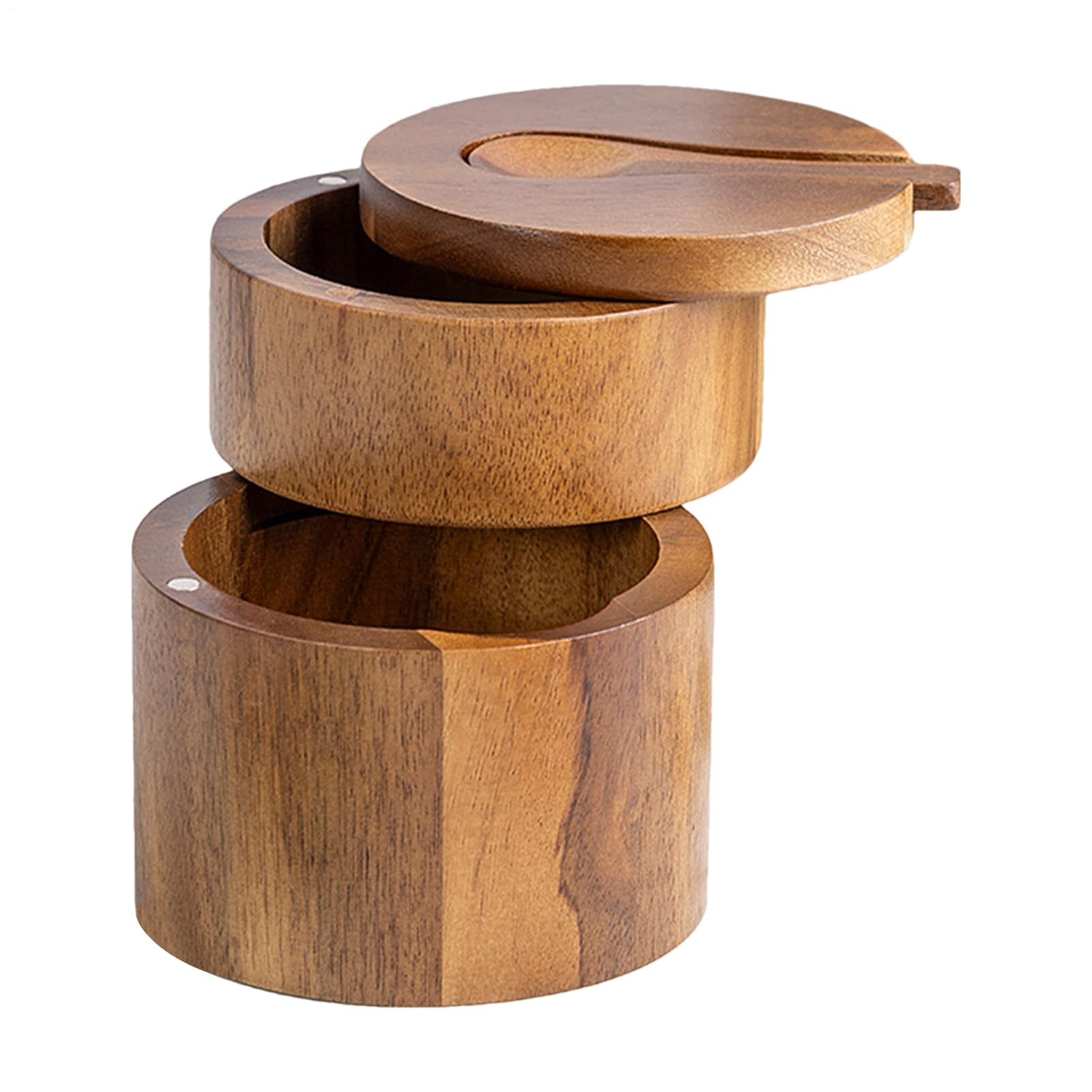 Salt Cellar with Lid,Salt Containers Bowl with Magnetic Swivel Lid - 2-Layers Wooden Cellar Bowl with Spoon for Storage Pepper Coffee Sugar Pickling Kitchen Countertop Dining Table
