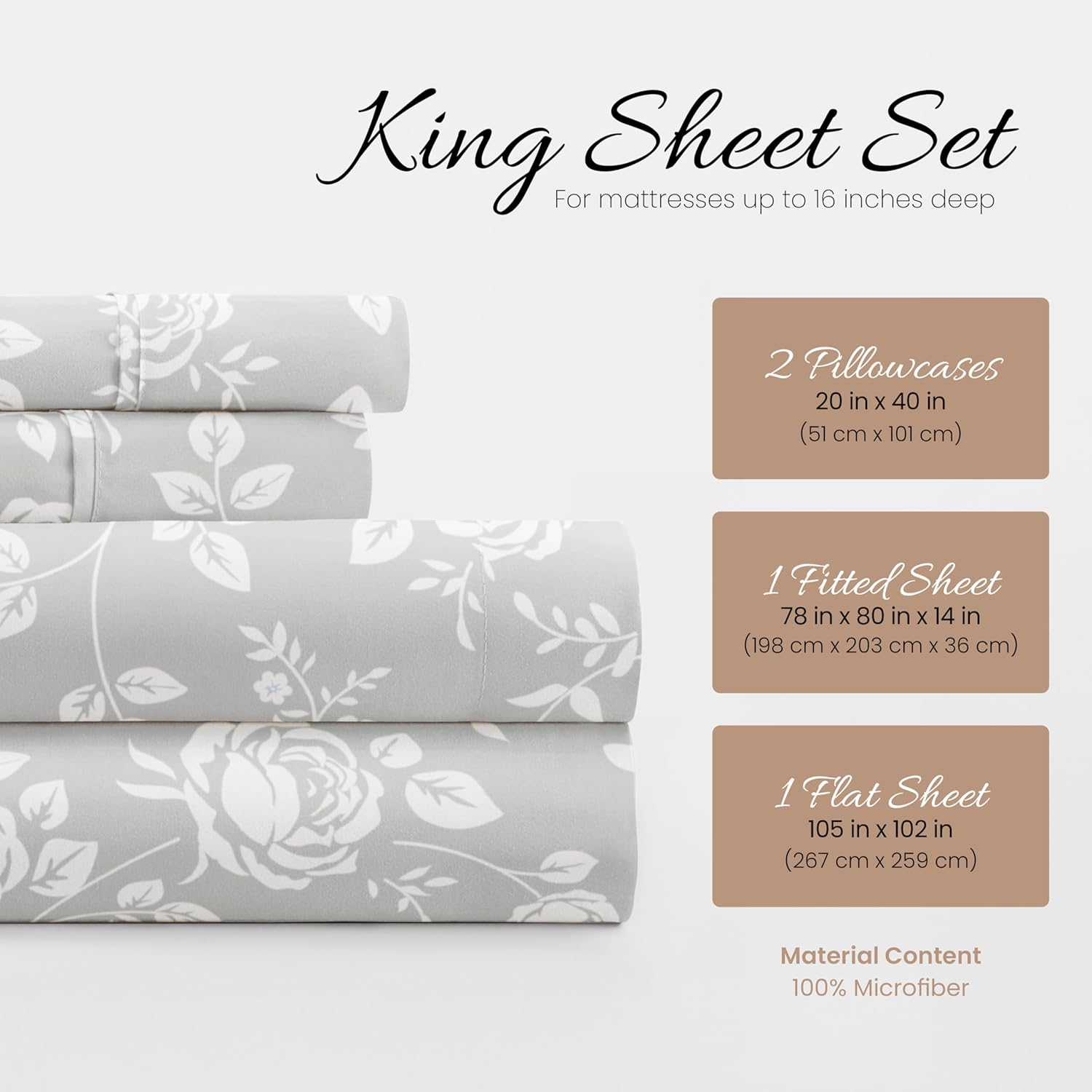 Linen Market Double-Brushed Patterned Microfiber King Sheet Set 4 Piece – Oeko-TEX Certified Ultra Soft & Wrinkle-Free - 16" Deep Pocket Sheets - Easy Care King Size - Rose Light Gray