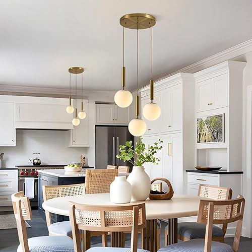 Miniatura 6 de BOKT Moderna lámpara colgante de 3 luces en racimo de cocina, isla de mediados de siglo, ajustable, globo dorado cepillado, lámpara colgante,