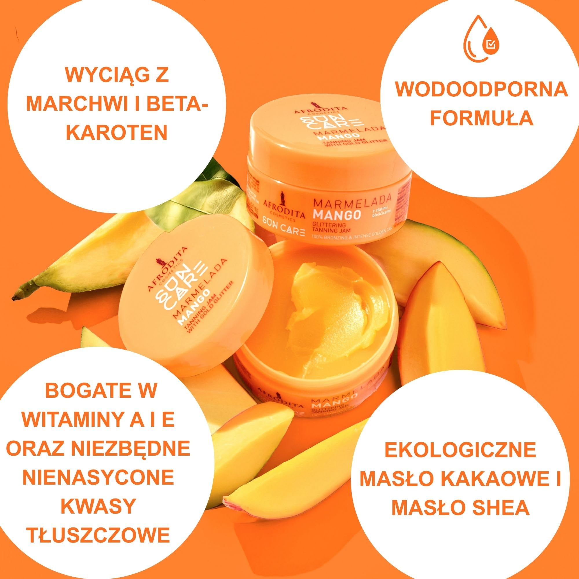 Afrodita Cosmetics Marmelada Mango przyspieszacz opalania – wegański dżem opalający ze złotym brokatem dla szybkiej naturalnej opalenizny – wodoodporny z ekstraktem z marchewki, masłem kakaowym i shea