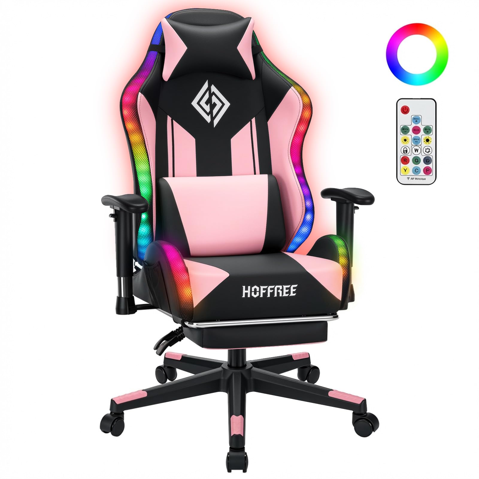 Hoffree HOFFREE RGB LED Gaming Chair for Kids Reclining Gaming Chairs for Teens 8-15 Computer Chair with RGB Lights Kids PC Game Chair with Footrest and Lumbar Support Video Game Chairs Pink and Black