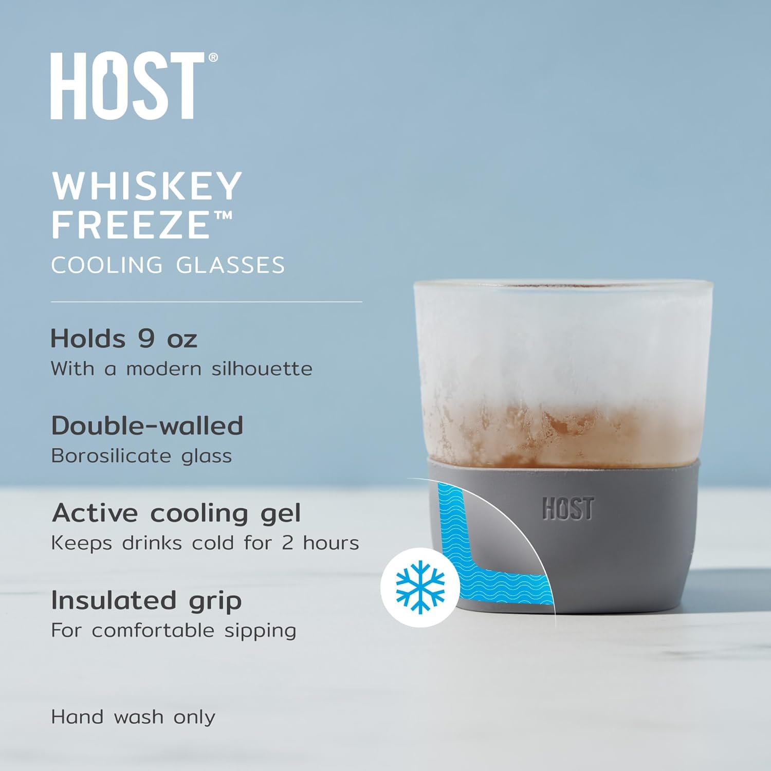 Host FREEZE Insulated Martini Glasses and Whiskey Glasses Set, Real Glass Cocktail Tumblers with Cooling Gel and Silicone Grip for Holidays, Birthday, Bachelorette Party, Home Bar Essentials, Set of 4