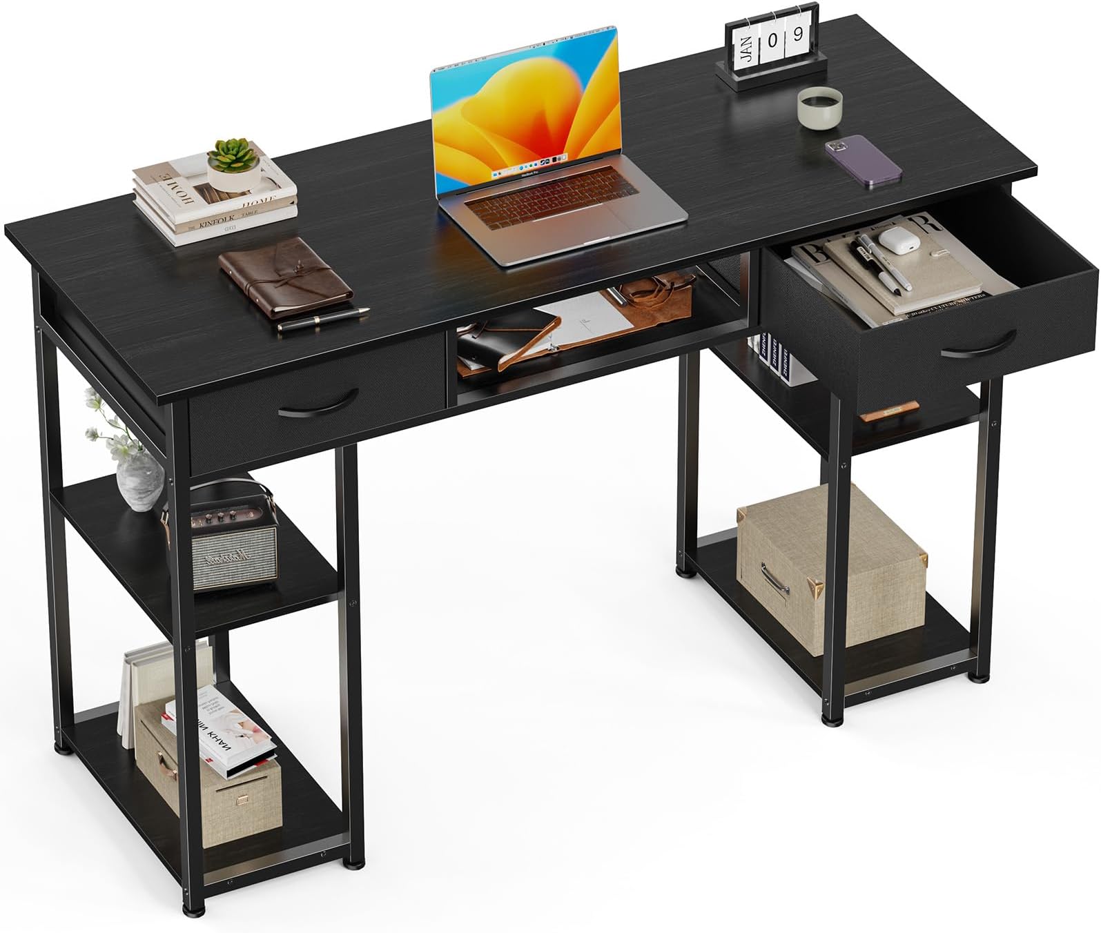 Computer Desk 48 Inch Home Office Bedroom Writing Study PC Table with Fabric Drawers Storage Shelves Space Headphone Hook Metal e Adjustable Feet Modern Simple Style