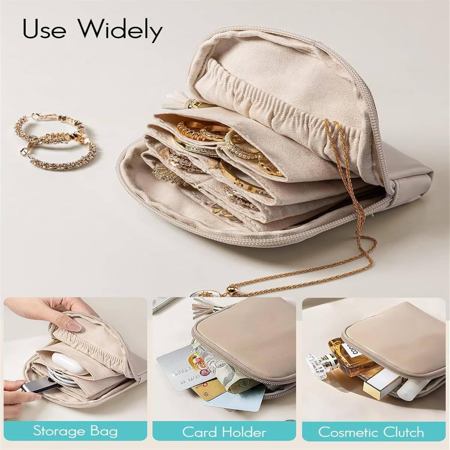 Jewelry Zippered Pocket Case Travel Jewelry Bag Portable Organizer, Small Travel Case, Earring Organizer with Zipper, For Bracelet Rings Earring (3PCS-B)
