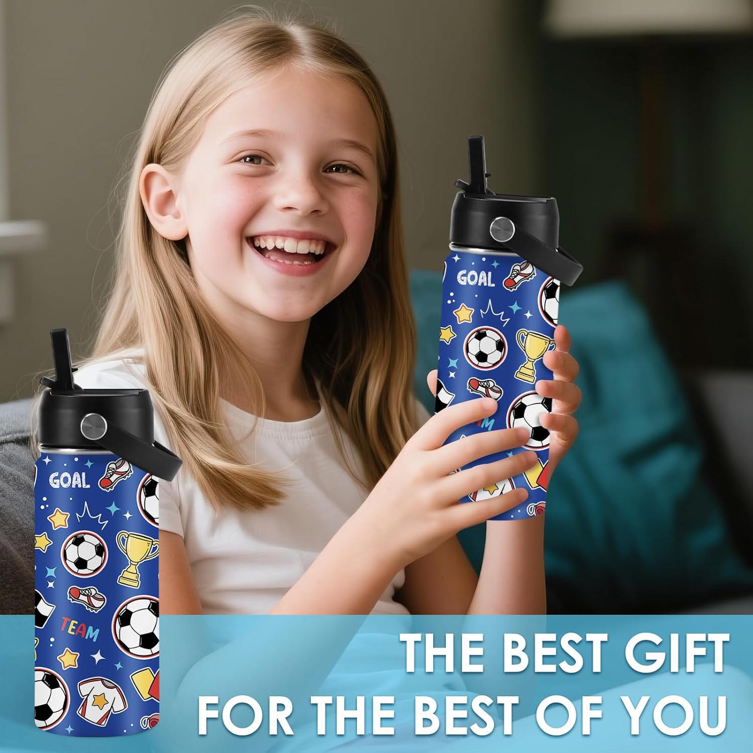 Soccer Gifts for Kids - 16 Oz Kids Water Bottle with Straw Lid, Stainless Steel Insulated Tumbler, Leak Proof, BPA-Free, for Girls, School, Travel - Soccer Lovers Children Birthday Gifts Cups(1pc) - Image 8