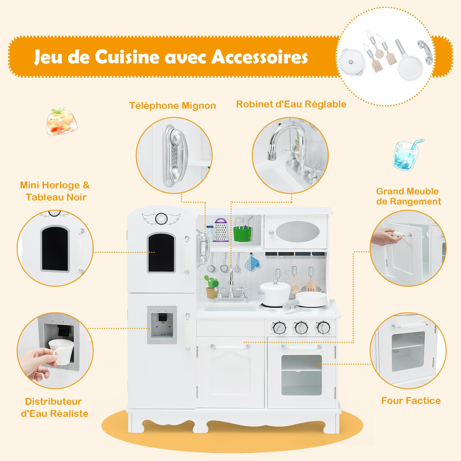 COSTWAY Cuisine Enfants Avec Son Et Lumière – 7 Accessoires, Tableau Noir, Réfrigérateur, Distributeur D'eau – Jeu De Rôle éducatif Pour Filles Et Garçons Dès 3 Ans