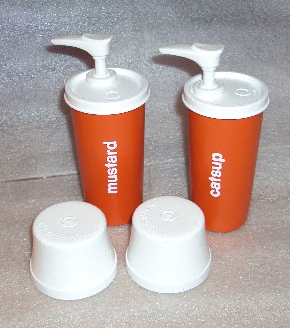 Vintage Tupperware Condiment Pump Dispensers Retro Orange