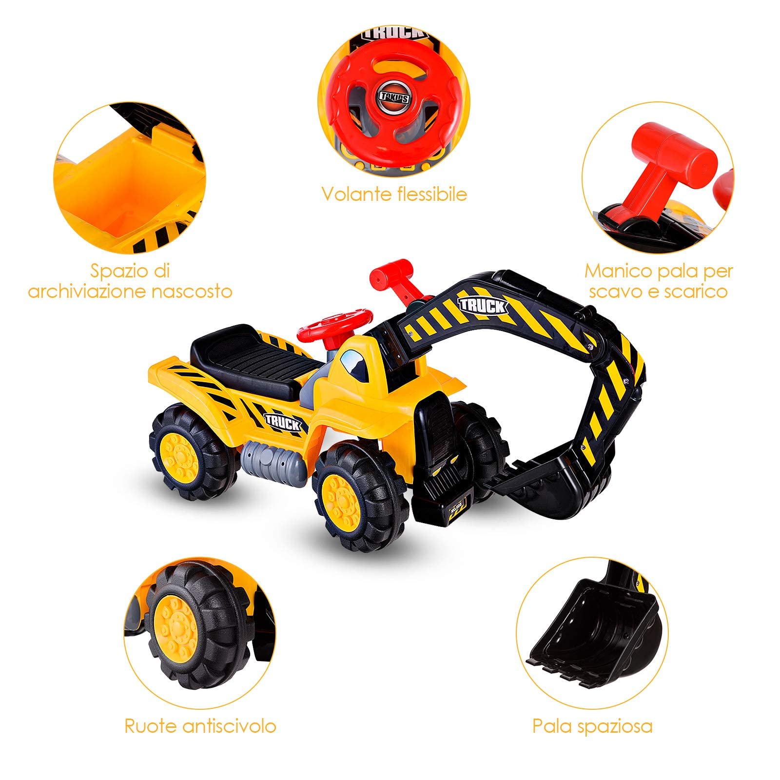 GYMAX Ruspa Giocattolo per Bambini, Escavatore Giocattolo Grande con Suono, Adatto per Casa e Giardino, di Plastica, Giallo, 84x45x30cm