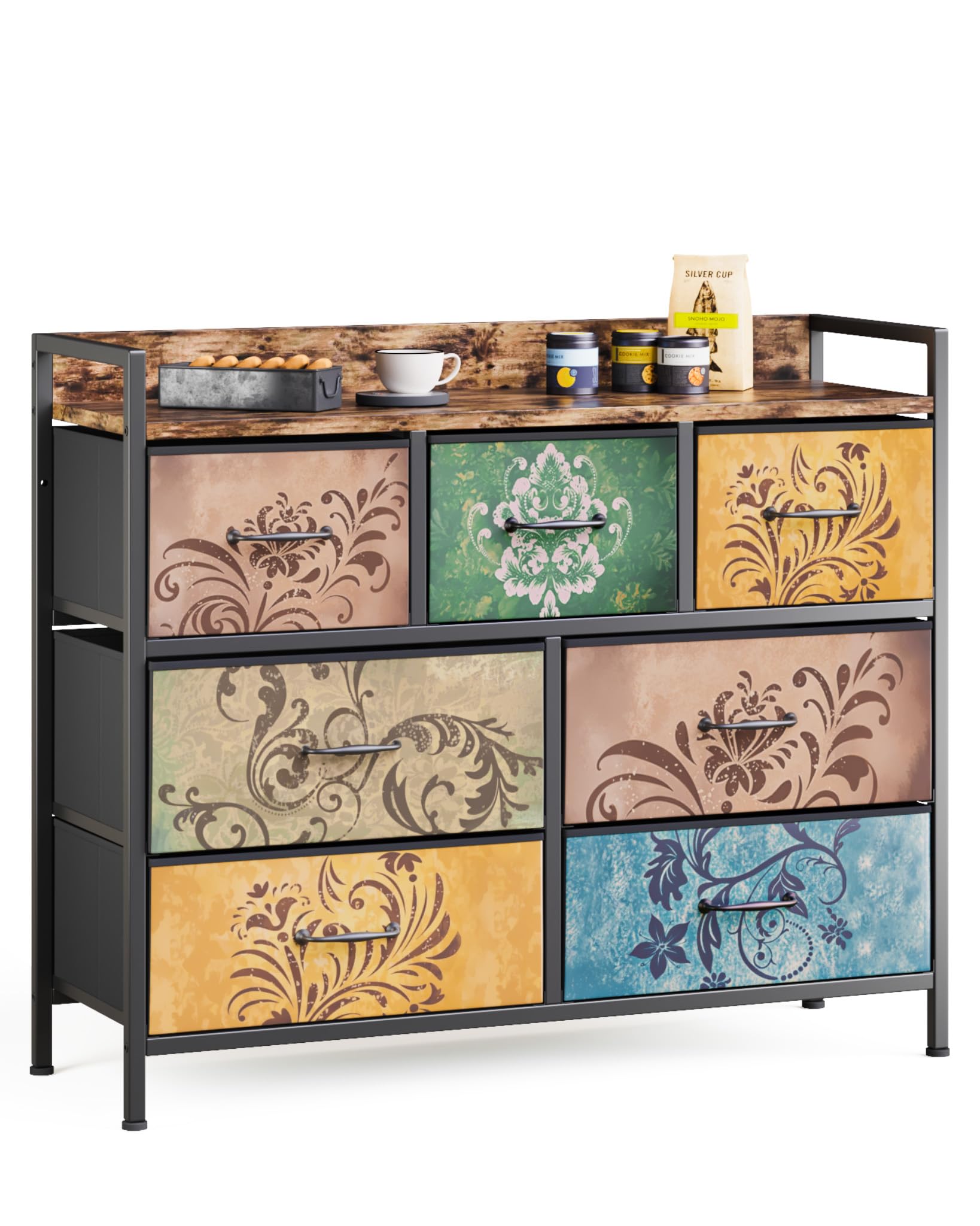 Mondeer Kommode mit 7 Schubladen, Schubladenschrank aus Vintage-Blumenmotiv Stoff Metallrahmen Rustikales, für Wohnzimmer Schlafzimmer Flur, 30 x 99 x 84 cm, Vintagebraun