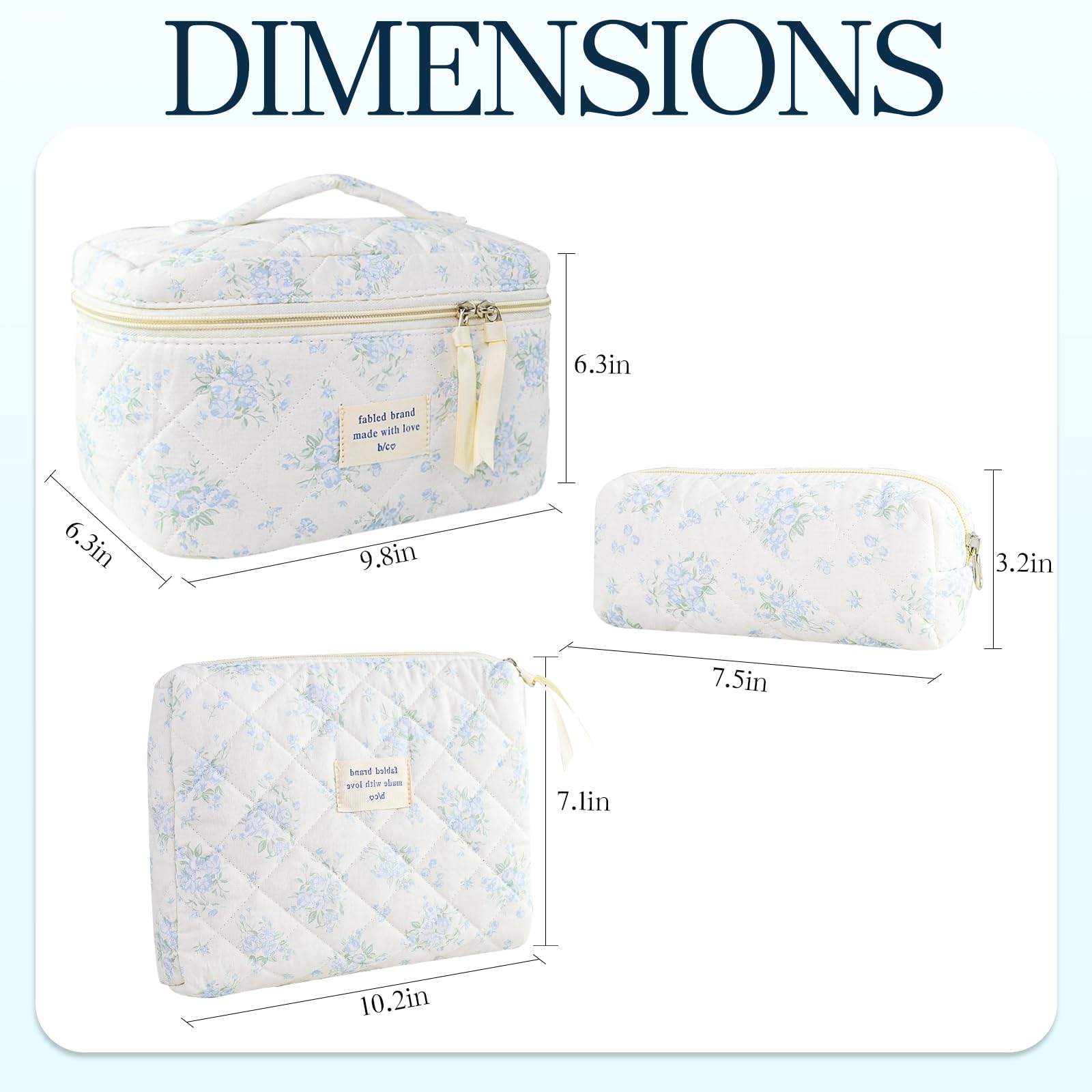 YRWE 3Pcs Quilted Makeup Bag Set, Cute Floral Cotton Cosmetic Bag, Coquette Bow Make up Bag Large Travel Toiletry Bag - Image 4