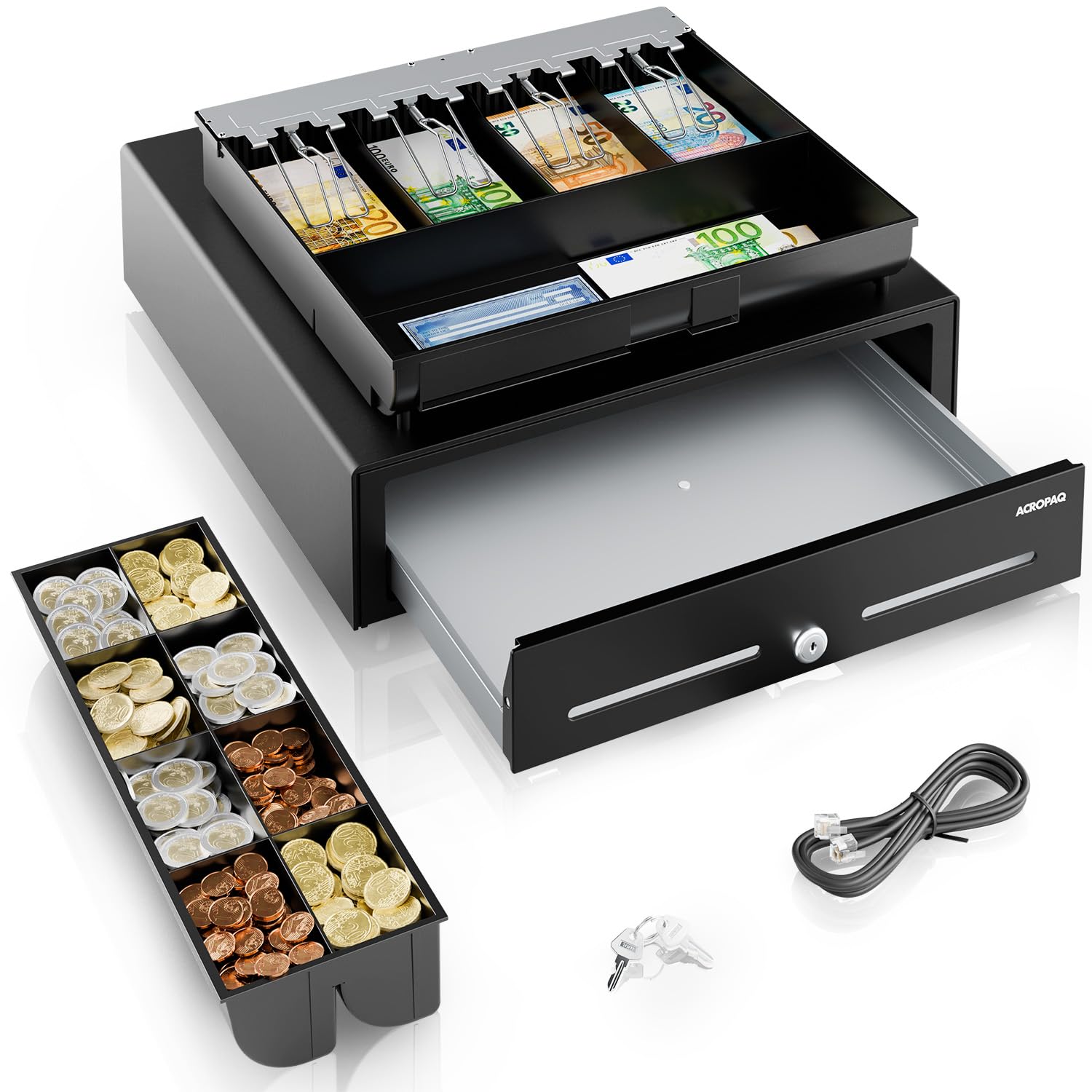 ACROPAQ Cassetto cassa - Compatibile con registratore cassa RJ11, 4 scomparti monete e 8 banconote, Cassetto in metallo con inserto rimovibile, Robusto (42 x 41 x 12 cm) - Cassetto cassa registratore