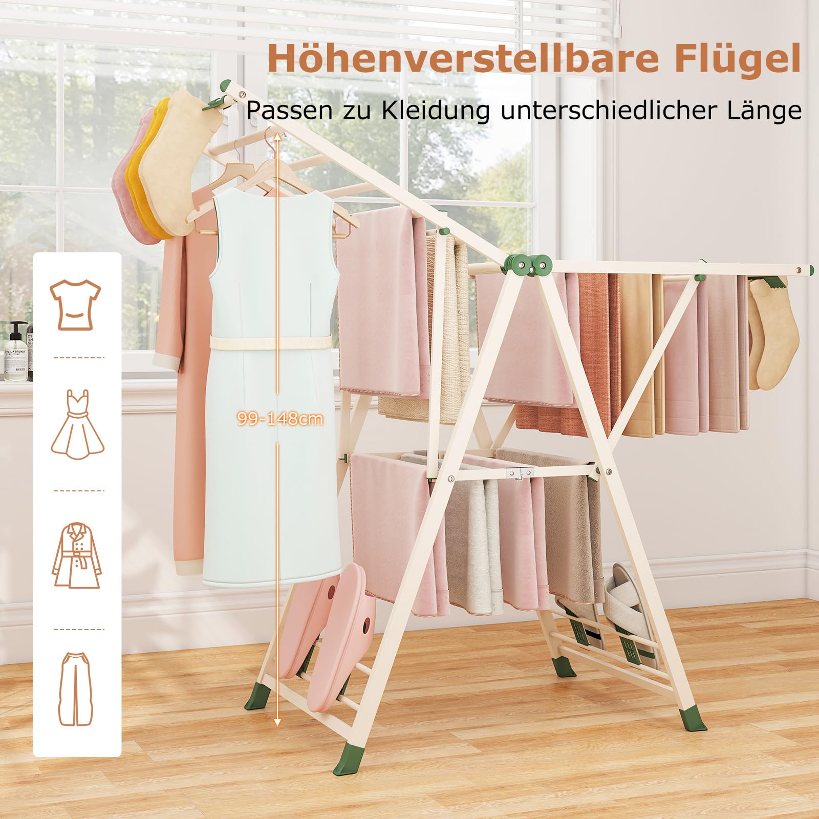COSTWAY Wäscheständer klappbar mit verstellbaren Flügeln, Sockenklammern & Schuhablage, Wäschetrockner ausziehbar, Trockenständer freistehend für die Wäsche drinnen & draußen (Beige,141cm)