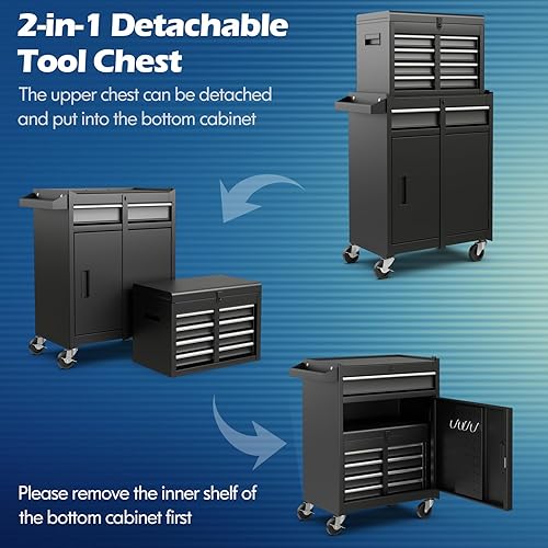 Miniatura 4 de S AFSTAR Cofre de herramientas con ruedas de 5 cajones, armario de almacenamiento de herramientas de alta capacidad con ruedas bloqueables, estante