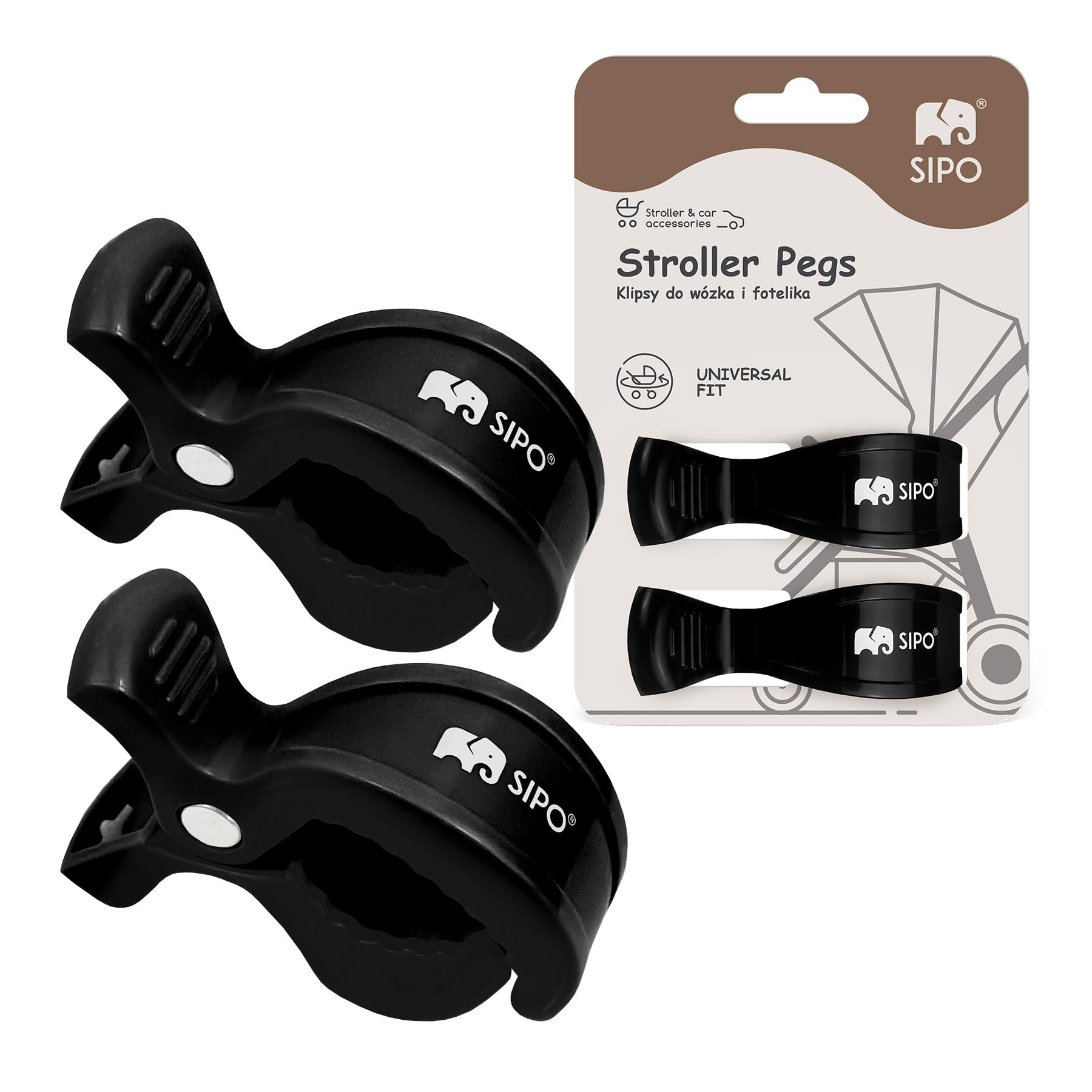 SIPO Pram Hooks Set of 2 - Universal ABS Clamps for Pushchairs & Buggies - Clips for Attaching Toys, Bags & Sun Protection - Black