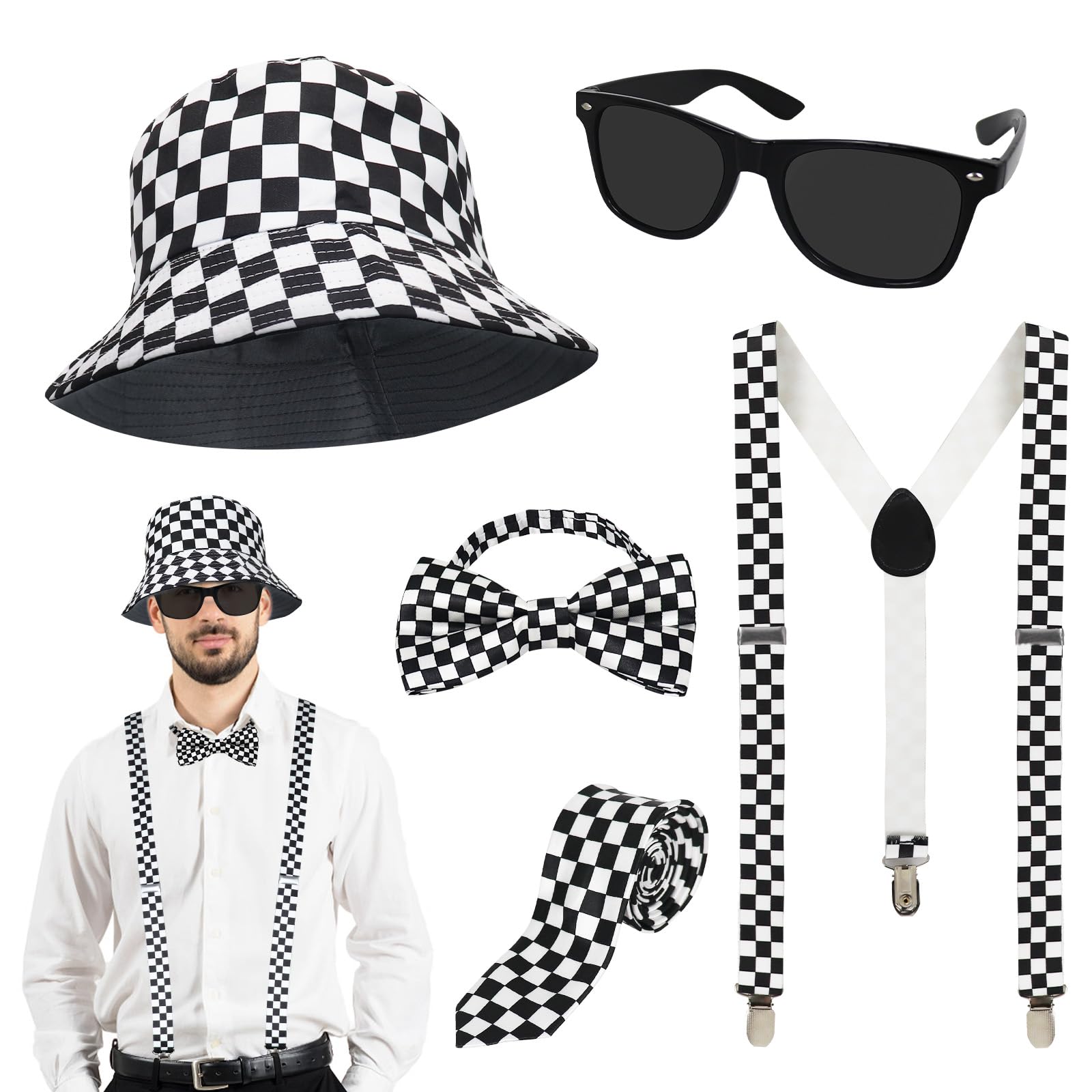 GLGHMH 5pcs Party Suspenders Set, Ska Two Tone Y Back Adjustable Suspenders with 1980s Bucket Hat Sunglasses Bow Tie