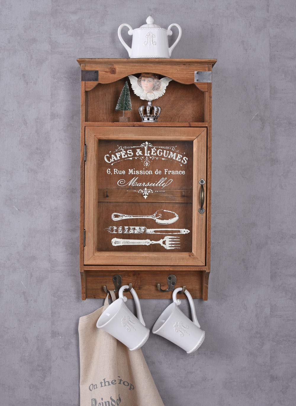 Wandschrank „Maison Marseille“ – Vintage Hängeschrank | Shabby Chic | Glastür & Haken | Landhausstil Schlüsselschrank lof022 Palazzo Exklusiv